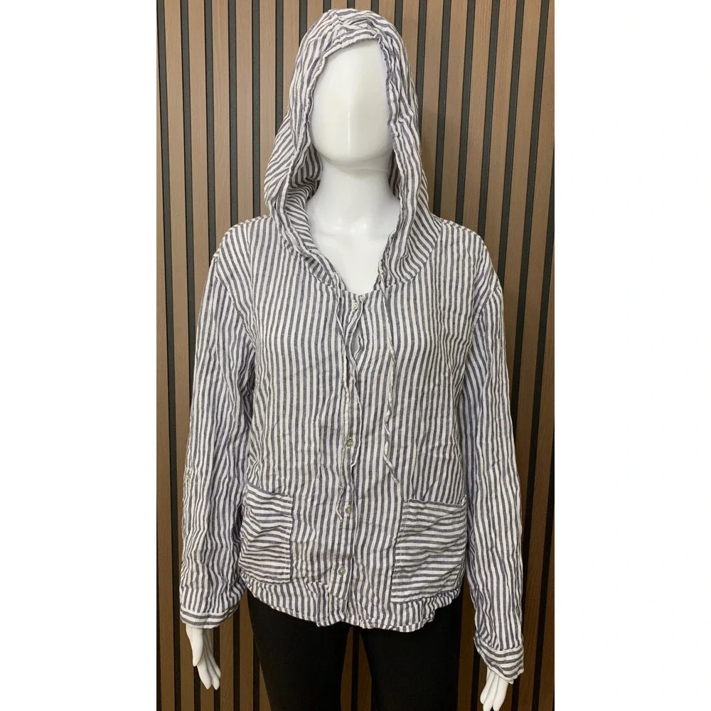 Tahari 100% Linen Striped Hooded Button Down Shirt Jacket Blue White Large